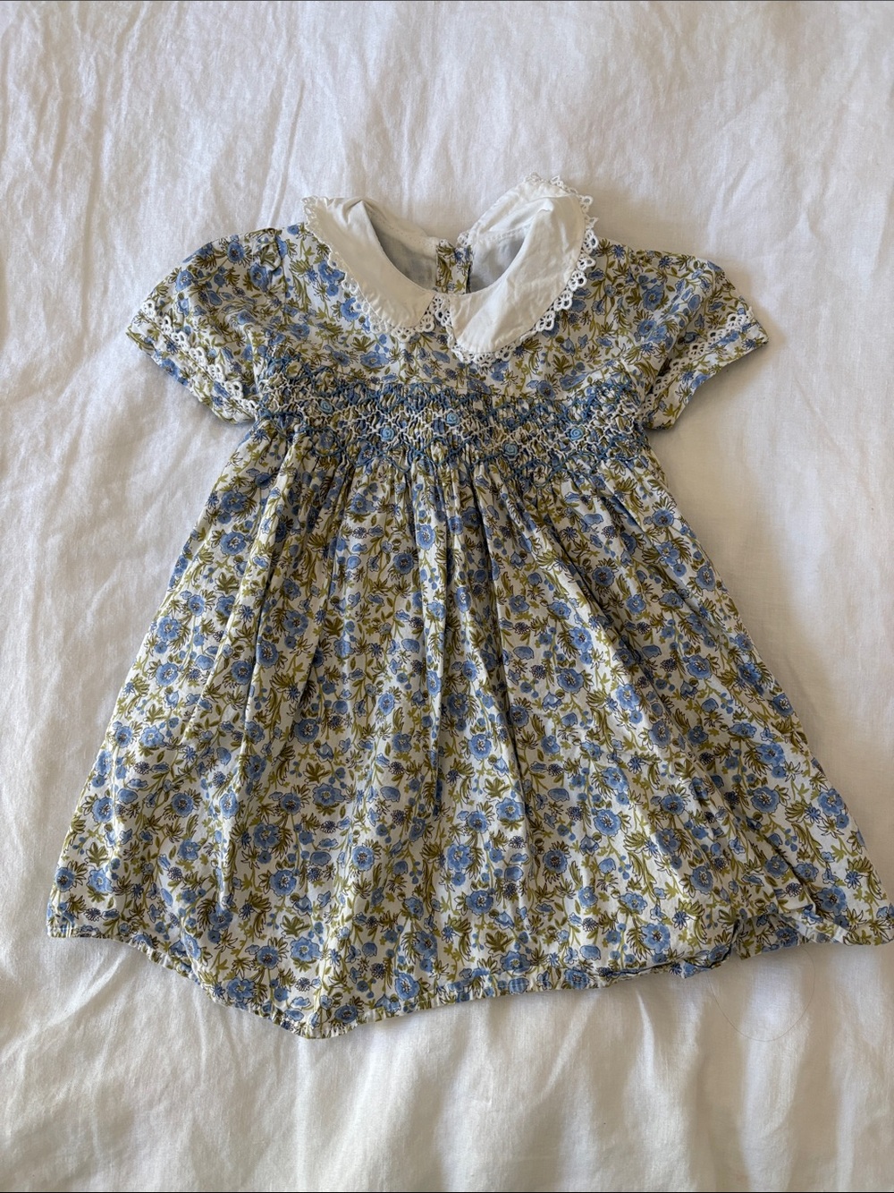 Amazon Girls Blue and Cream Floral Smocked Dress with White Peter Pan Collar